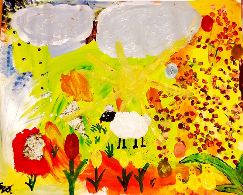 en gul målning med en sol i mitten, ett får och blommor