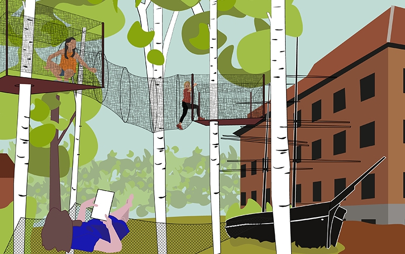 illustrationsskiss av visionen om en lekpark, klättring i björkar