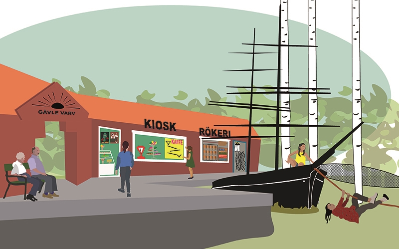 illustrationsskiss av visionen om en lekpark med gävle varv och en båt