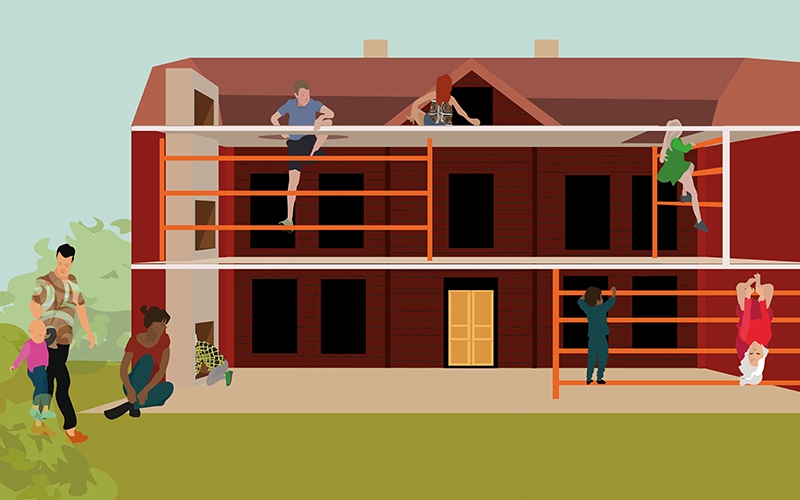 illustrationsskiss över visionen om en lekpark med barn som klättrar i en hälsingegård