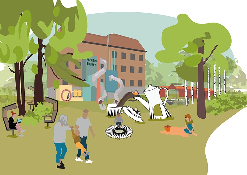 illustrationsskiss över vision om en lekpark kaffekanna som rutchkana