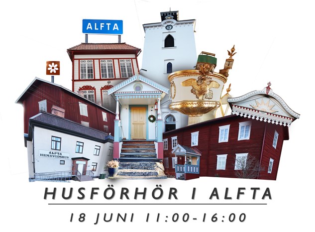 Kollage med flera olika byggnader i Alfta, högst upp en skylt med ortsnamnet ALFTA