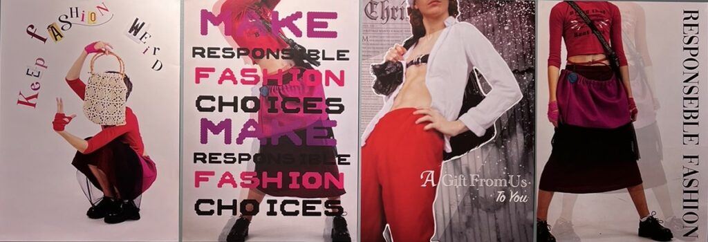 Modefotografier på affischer i rött och rosa