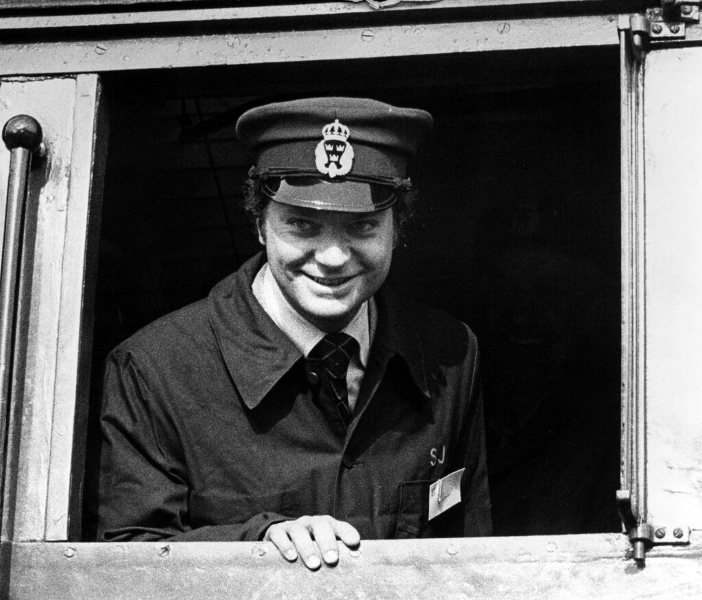 Kungen som lokförare i Gävle 1978, foto: Halvarsson
