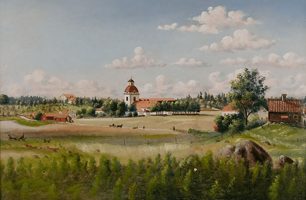 Oljemålning föreställer Valbo kyrka. XLM.20406