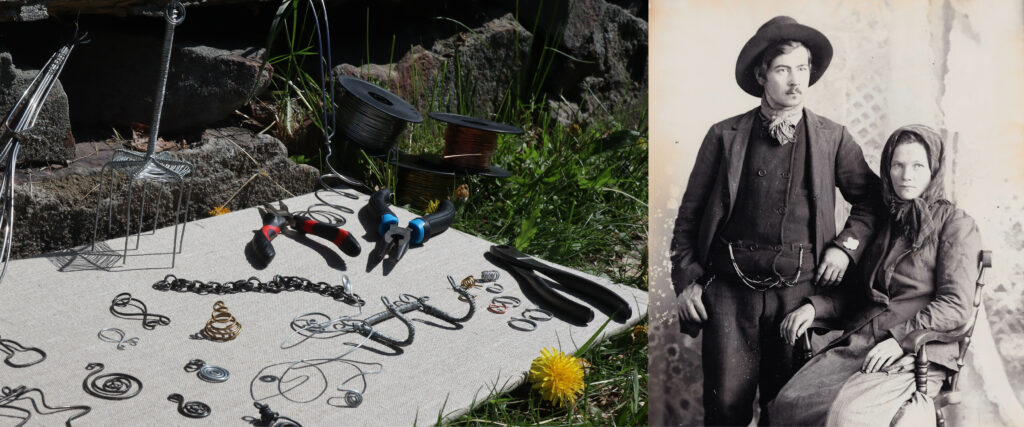 En delad bild, till vänster syns alster med trådslöjd och till höger ett fotografi på Kniv-Kalle