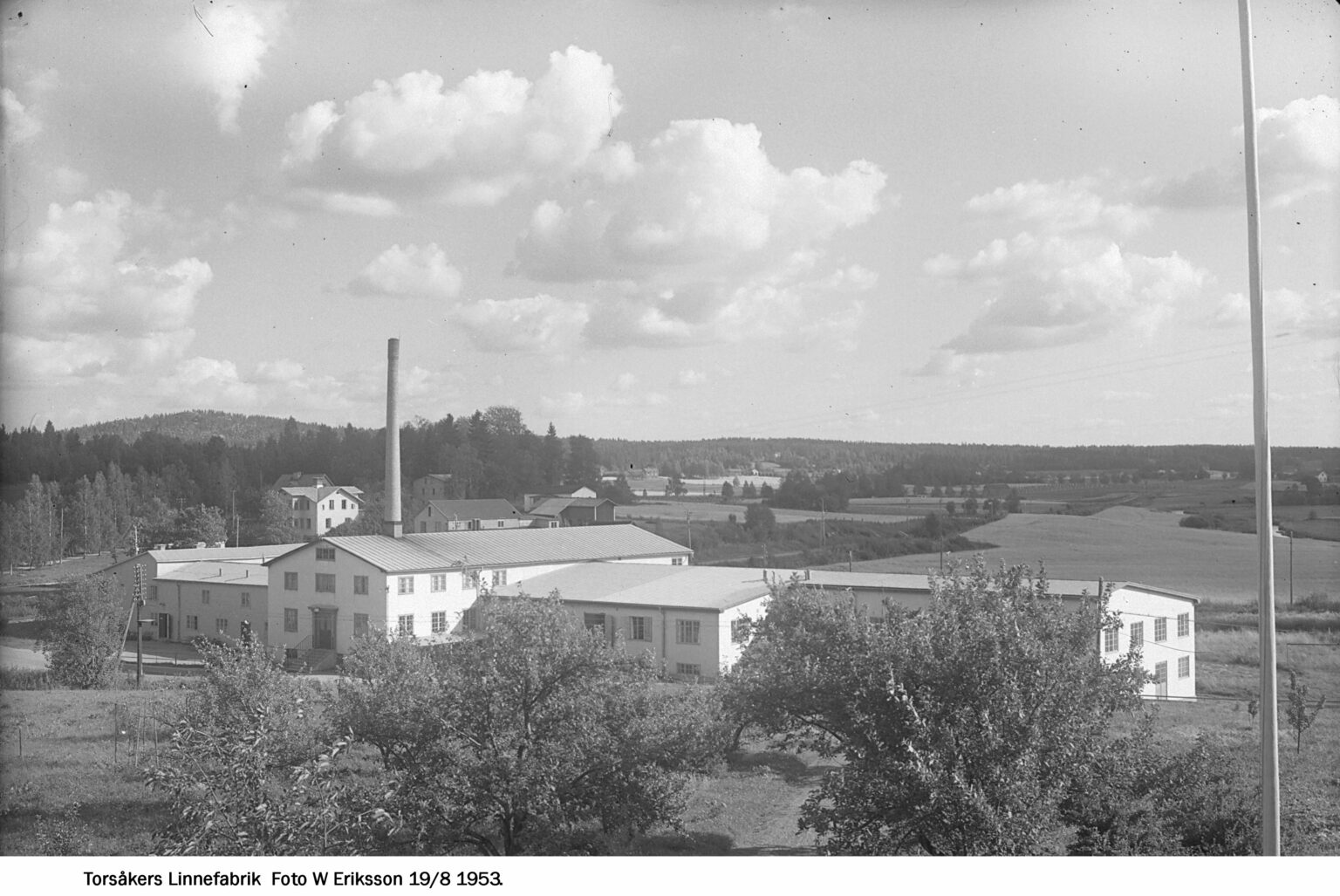 Svartvit bild av Linnefabriken i Torsåker. Ljusa byggnader med en stor smal skorsten. Träd i förgrunden och fält och skog runtomkring.